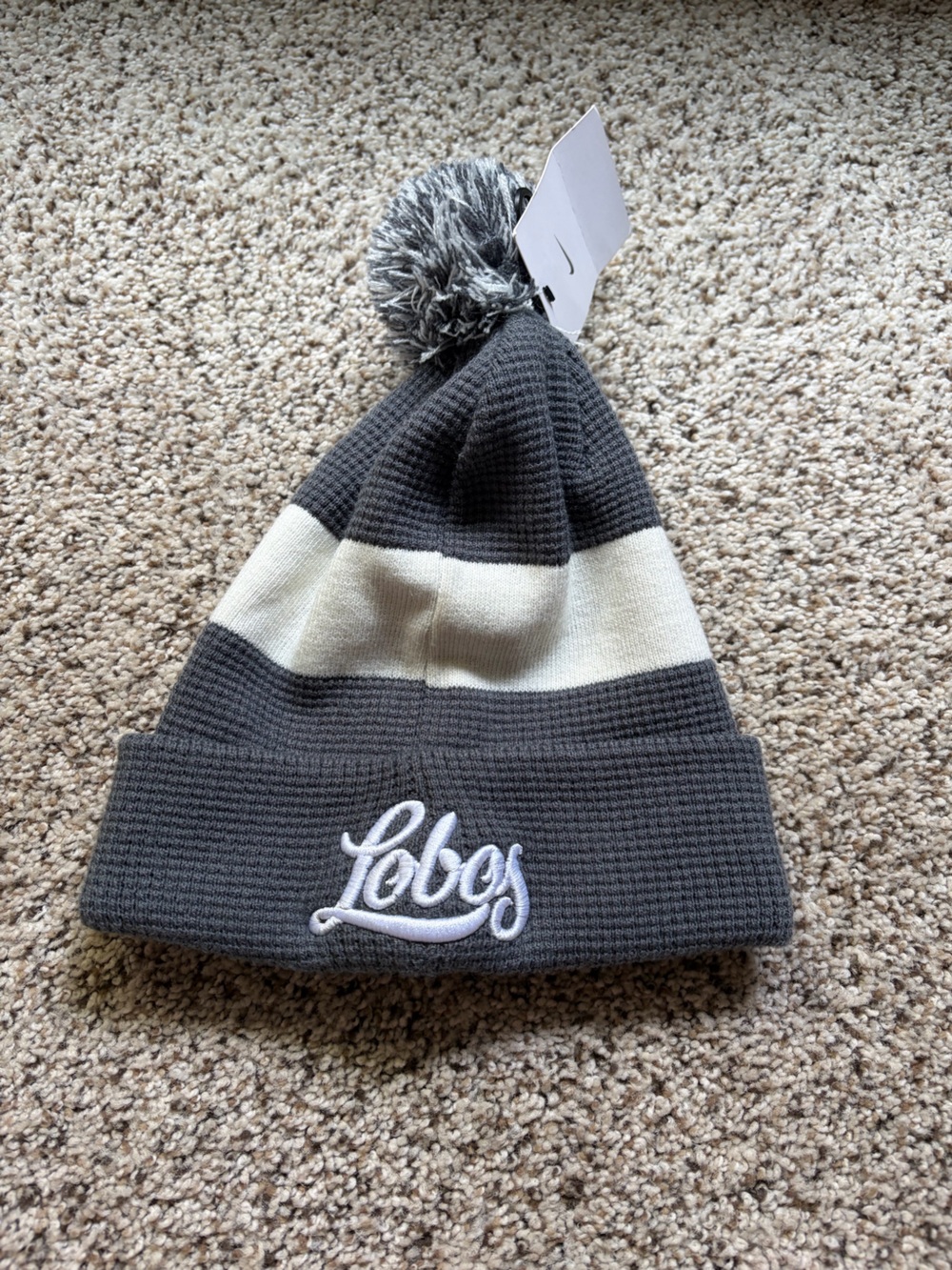 Nike Gray and white Knit Pom Beanie with 'Lobos' Script